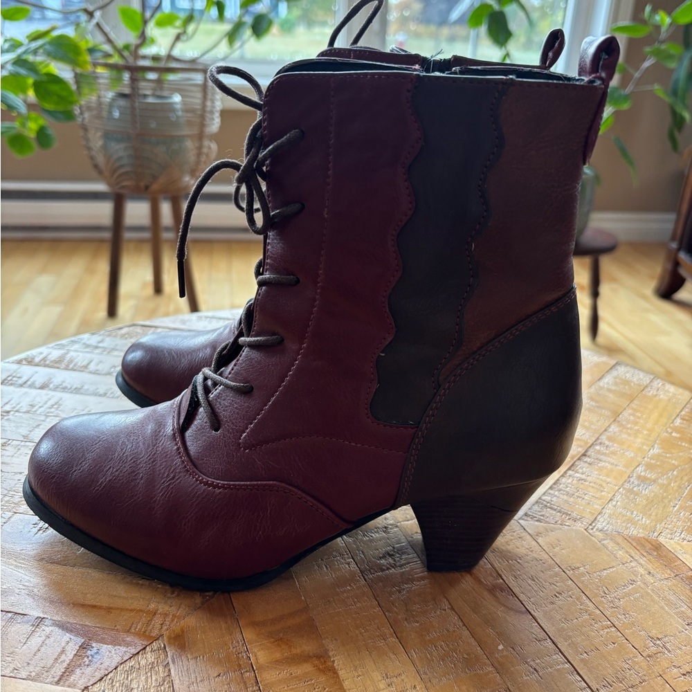 Elegant Lace-Up Burgundy and Brown Boots